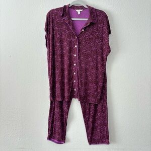 Soma Women Cool Night Pajama Set Lg Purple Art to Wear Top Pants Lounge Pockets